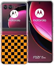 [zaztify] Phone Case for Motorola Razr 40 Ultra/Razr Plus 2023/Razr+/Razr4/Razr gen 4, Orange Black Grid Plaid Regular Lattice Checkered Checkerboard Clear Soft Shell-Can Custom Personalized Cover