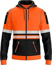 [trending babz] Mens Hi Vis Pullover Hoodie Reflective Tape Safety Work Drawstring Multi Zipped Pockets High Viz High Visibility Hoodie Sweatshirt