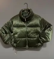 Puffer Jacket Womens 7 For All Man Kind Large Zip Army Green Lightweight Ski