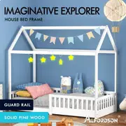 ALFORDSON Kids Bed Frame Wooden Timber Single House Frame Platform Base with Security Rail White