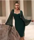 NEW! DESIGNER COUTURE DEEP FOREST GREEN DRESS FLOWY MESH BELL SLEEVES SWEETHEART