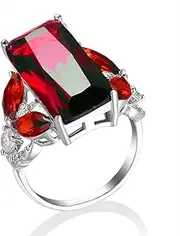 [Narica] Silver Plated 3-Stone Emerald Cut Created Rainbow Topaz Blue Sapphire Cubic Zirconia Filled Halo Wedding Engagement Band Elegant Women's Ring for Mom Bridal Lover