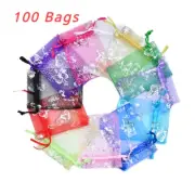 100PCS Luxury Butterfly Printed Organza Bags Drawable Jewelry Pouch Gift Packagi