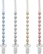 4 Pack Silicone Pacifier Clips, One Piece Beads Gourd Design Teething Pacifier Holder Clip, Neutral Baby Paci Dummy Clips Boys & Girls, Binky Clips Pacifier Straps Chain for Toys Teethers