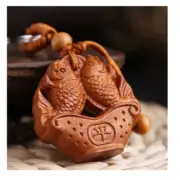 Peach Wood Double Carps Lucky Fish Key Ring Key Chain Collection Crafts