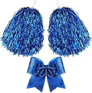 [Knitgrip] 10 in Cheerleading Pom Poms 7 Inch Large Cheerleading Hair Bows with Tails Royal Blue Hair Bow Cheerleading Accessories for Team Spirit Dance Party Basketball Football Team