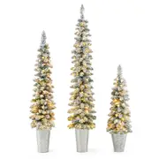 Costway 3Pcs Jingle Jollys Christmas Tree Snow Flocked Pre-Lit Xmas Decoration Vintage Look w/Lights Silver