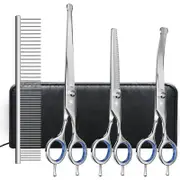 Professional Dog Grooming Scissors Set with Safety Ronud Tip, MAOCG Twin-Tail Thinning, Curved, Straight Shears and Comb for Dogs & Cats, Sharp and Durable, Suitable for Lefty and Righty