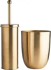 [OurHouse] Two Piece Toilet Brush & Bin Set, Toilet Bathroom Cleaning Brush Set, Perfect for Any Bathroom Toilet WC, Long Handle Toilet Brush with Hand Guard and Holder, Extra Strong Bristles (Brass)