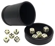 (10) 15mm Light Ivory Pip Dice + PU Leather Black Felt Lined Dice Cup Lid Tray