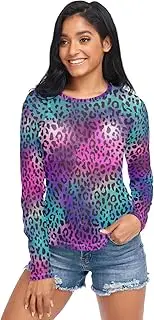 [RPLIFE] Leopard Skin Black Pink Purple Mesh Long Sleeve Tops for Women, Fancy Long Sleeve Shirts for Women S-XXL
