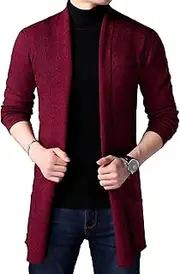 [JEShifangjiusu] Mens Fall Shawl Collar Sweater Lightweight Open Front Cardigan Coat Long Sleeve Draped Lightweight Knitwear, Claret, Small