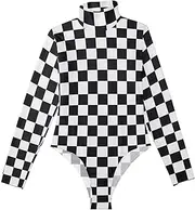 [Amooorous] Black and White Checkered Pattern long sleeve Long Torso Bodysuit for Women Tummy Control Shapewear Sexy Tops for Women High-Neck M, Black and White Checkered Pattern