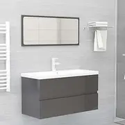 Bathroom Furniture Set High Gloss Grey Engineered Wood,Stylish Bathroom Vanity Unit with Builtin Basin and Mirror Modern Bathroom Storage Bathroom Furniture