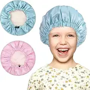 [Lnngub] 2 Pcs Baby Bonnet, Double Layer Satin Bonnet for Kids Silk Adjustable Kids Sleeping Cap Soft Wide Band Sleep Cap for Sleeping Night Hat for Toddler Child Natural Hair Curly Hair(Pink+Blue)