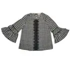 Hem & Thread Womens XS Black White Plaid Gingham Lace Front Bell Sleeve Top