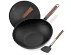 Carbon Steel Wok, 13-Inch, Pre-Seasoned, Non-Stick, with Lid and Spatula