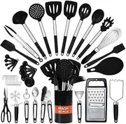 RFAQK Kitchen Utensils Set with Holder, 40PCs Silicone Cooking Utensils for Nonstick Cookware,Heat Resistant Kitchen Tools & Gadgets with Can Opener,Potato Peeler,Tongs, Spatulas, (40 Pcs Black)