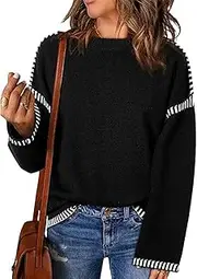 [Valtorixia] Women Long Sleeve Contrast Cable Knit Pullover Sweaters for Women Fashion Solid Crewneck Loose Fit Pullover Top Fall Winter Knit Top (Black,Large)