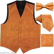 ORANGE XS - 6XL Paisley Tuxedo Dress Vest Waistcoat & Neck tie & Bowtie Hanky