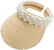 [Byrotson] Sun Hats for Women with UV Protection Ponytail Hole, Summer Pearls Headband Visor Wide Brim Straw Hat Beach Cap for Travel