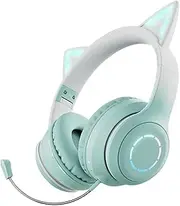 Glowing Cat Ear Headphones Foldable Over Ear Gaming Headset with Lights Wirel BT5.3 Earphone with Detachable Microphone 3.5mm Wired Music Headphone Foldable Adjustable Headband Cyan with Green
