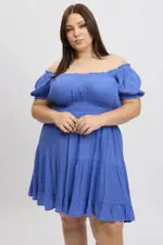 Blue Crinkle Rayon Blend Tiered Minidress