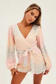 Multi Colour Sequin Playsuit Long Sleeve V Neck - Size 8, Women's Playsuit