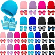 [Suhine] 24 Set Kids Winter Beanie and Gloves Bulk Colorful Unisex Bulk Warm 8 Styles Knit Hat Stretchy Full Fingers Gloves, Multiple Colors, as pictures shown