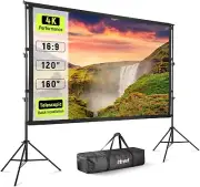 120" Projector Screen with Stand, Wrinkle Free Polyester 16:9 4K HD Rear Front M
