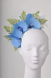 Pastel Baby Blue Green Orchid Fern Phalaenopsis Floral Fascinator Headband Ra...