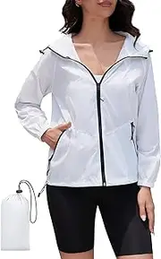 [CRIPOM] Packable Rain Jackets for Women Waterproof Lightweight Raincoat Womens Rain Jacket with Hood Cycling Bike Jacket Windbreaker Jackets for Women White XL, White