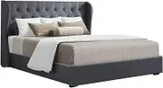 Artiss Queen Bed Frame Platform Wingback Headboard Frames Gas Lift Beds Base with Storage Space Bedroom Room Decor Home Furniture, Upholstered with Charcoal Faux Linen Fabric + Foam + Wood