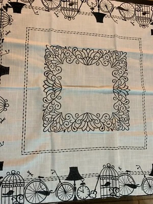 Pearl's Manchester Tablecloth. White with Black Embroidery. 85x 85cm Square.