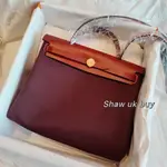 二手精品 HERMES 愛馬仕 31 HERBAG 酒紅拼色 金扣 手提包 斜挎包 單肩包 帆布包 肩背包 包