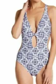 NWT Rachel Roy blue tile print one-piece crossback swimsuit size Small S