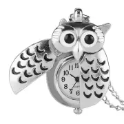 Silver Tone Night Owl Quartz Pocket Watch White Dial with Necklace Chain for Kid