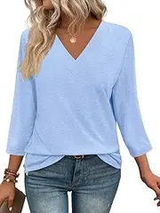 [shownicer] Women's 3/4 Sleeve V-Neck T-Shirt Summer Top Casual Basic Tops, A Light Blue, M