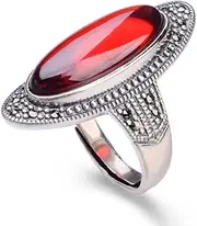 [Generic] Sterling Silver 925 large antique ring for women ~ oval big natural red garnet natural gemstone ~ Elegant Fine Jewelry ✬✬✬By Fantasy World✬✬✬, Sterling Silver, Garnet