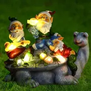 Upgraded Size Solar Garden Outdoor Statues Three Gnomes Having Party on Turtle w