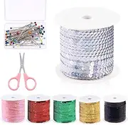 Swpeet 6mm 100 Yard Silver Flat Sequin Strip Teal Sequins Trim Paillette on a Roll and Map Push Pins with Scissors Assortment Kit, Fabric Metallic Stretch Teal Sequin Elastic Trim Embellishments