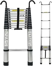 Folding Telescopic Ladder wtih Anti-Slip Feet & 2 Hook Portable Aluminium Extendable Telescoping Ladder Multipurpose Adjustable Household Loft Extension Straight Ladder