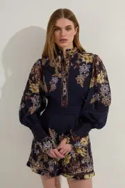 Petite Voile Floral Border Print Woven Playsuit With Ladder Lace Trim