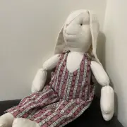 Vintage Handmade Folk Art Stuffed Rabbit Rag Doll With Blue Dress 15 Inch Tall