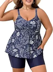 [Summer Mae] Plus Size Swimsuit for Women Tankini Two Piece Bathing Suit with Capris Pockets Short High Waist Swimwear