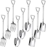 9 Pcs Silver Mini Shovel Spoons and Fork Set for Desserts Include 3 Shovel Shape 3 Pointed and 3 Stainless Steel Fork Ice Cream Spoons for Home Party Kitchen Restaurant Bistro