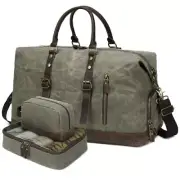Waxed Canvas Duffel Bag for Travel: Leather Weekender Bag Vintage Brown Green