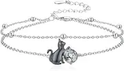 [CHENGHONG] Cat Anklet for Women 925 Sterling Silver Black Cat Moss Agate Link Anklets Fashion Bracelet Jewelry Gift for Cat Lover, Medium, Sterling Silver, no gemstone