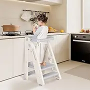 Advwin Foldable Kids Step Stool for Bathroom Sink Standing Tower with Safety Rail 2-3 Steps Adjustable Height Kitchen Helper with Handle