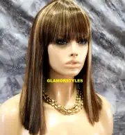 FULL WIG BOB LONG STRAIGHT WITH BANGS GOLDEN BROWN MIX NWT #FS8.27.613